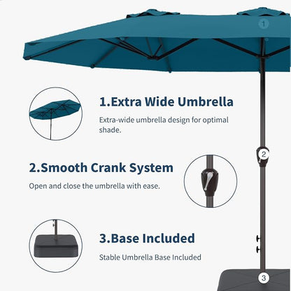 15FT Double Sided Patio Umbrella with Base Included Large Outdoor Market Umbrella with Crank Handle, UV Resistant Canopy, Sturdy Frame for Garden, Poolside, Deck, Lake Blue
