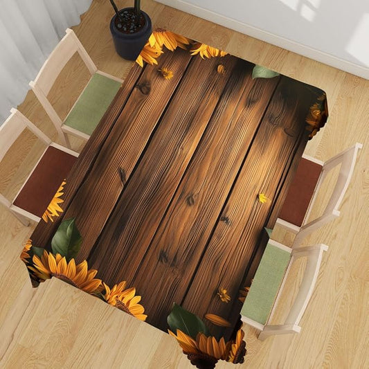 Wood Grain Sunflower Table Cloth Rectangle Tables Retro Rustic Farmhouse Brown Rectangle Table Cloth Kitchen Table Decorations for Home Dinner Party 52" x 70" 4-6 Seats
