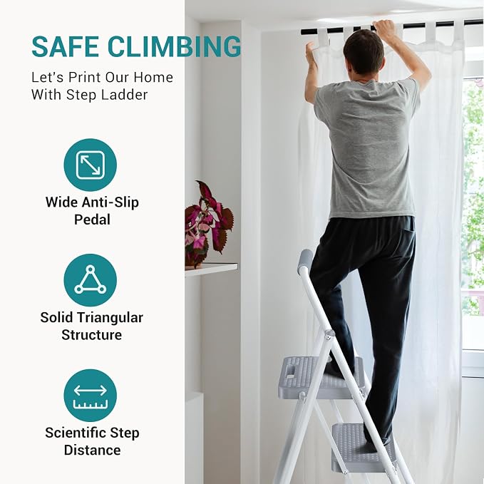 OLIXIS 2 Step Ladder, 880lbs Heavy Duty Step Stool with Anti-Slip Pedal | Portable Stepping Stool with Sturdy Ladder & Comfortable Handrail, for Kitchen, Garage & Outdoor Use, Grey