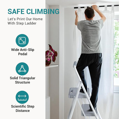 OLIXIS 2 Step Ladder, 880lbs Heavy Duty Step Stool with Anti-Slip Pedal | Portable Stepping Stool with Sturdy Ladder & Comfortable Handrail, for Kitchen, Garage & Outdoor Use, Grey