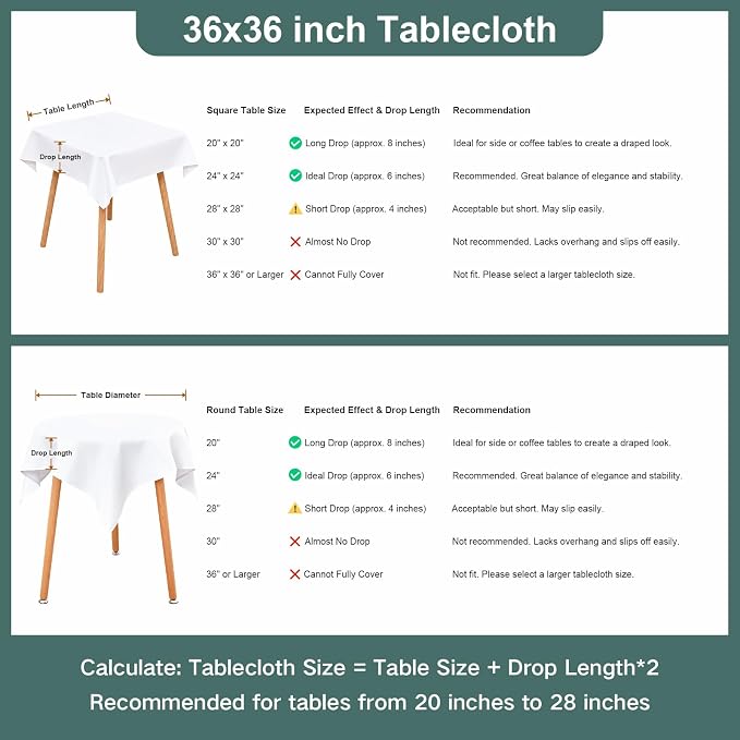 Wolkemer Small Square Tablecloth 36 x 36 Inch Washable Fabric Table Cloth Solid White Table Cover for Nightstand End Bedside Tables Tabletop Decoration