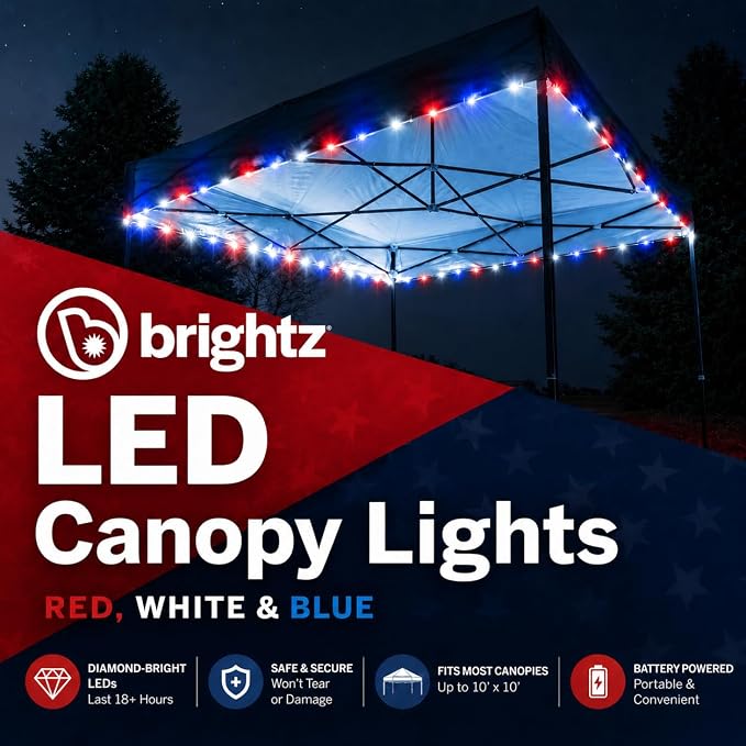 Brightz LED Patriotic Canopy Lights - 40 ft Red White & Blue String Lights - 4th of July Golf Cart Decorations - Made in USA with Globally Sourced Materials, Battery Powered 60 LEDs, 24+ Hour Runtime