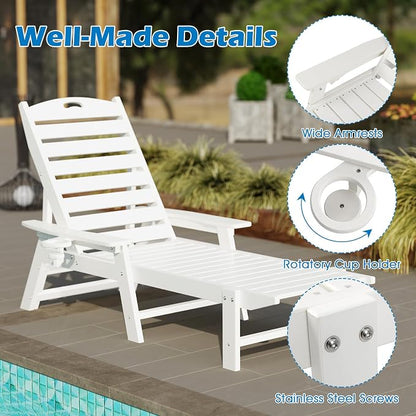 Giantex Lounge Chair Outdoor, Oversized Chaise Lounge Chair with 4-Position Backrest, Rotatory Cup Holder, Weatherproof HDPE Patio Lounge Chair for Outside Garden Deck Poolside Backyard, White (1)