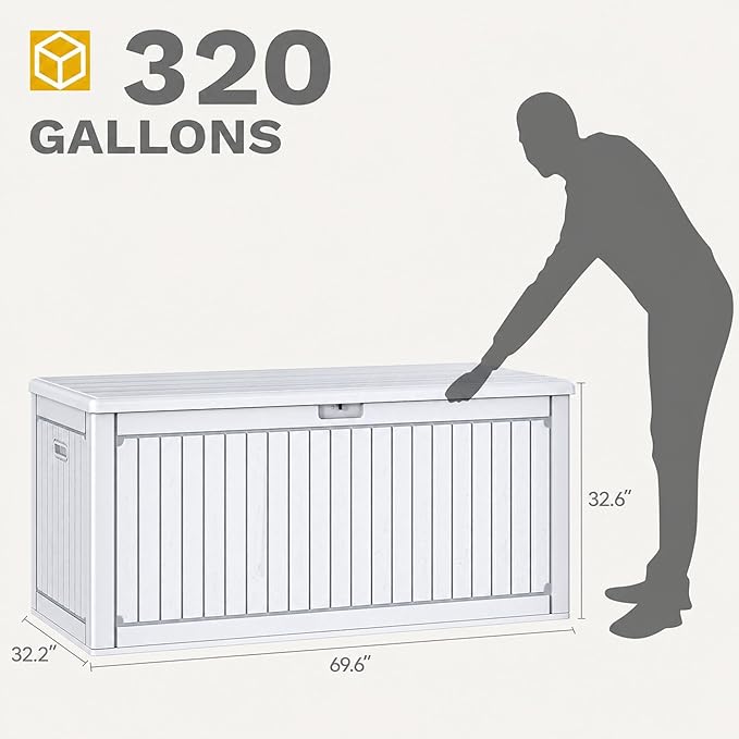 DWVO 320 Gallon Double-Wall Deck Box with Divider, XXL Extra Large Resin Outdoor Storage Box, Lockable & Waterproof, Double as Seating, 1000lbs Capacity (Grayish-White)