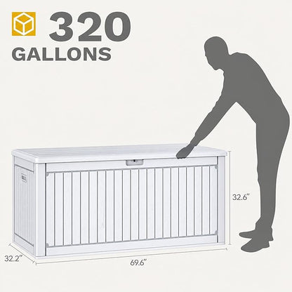 DWVO 320 Gallon Double-Wall Deck Box with Divider, XXL Extra Large Resin Outdoor Storage Box, Lockable & Waterproof, Double as Seating, 1000lbs Capacity (Grayish-White)