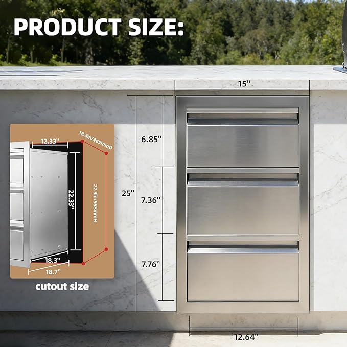 Outdoor Kitchen Drawers 15" x 25" x 18.7" Stainless Steel Triple Drawer Cabinet, Flush Mount Modular Storage for BBQ Islands & Patios