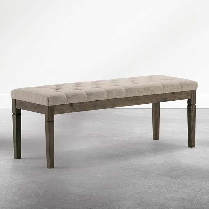 SIMPLIHOME Waverly Tufted Ottoman Bench - 48 inch Wide Upholstered Linen Look Fabric Rectangle Footstool Ottoman in Wheat Beige, Traditional Bench for Entryway or Living Room with Carved Legs