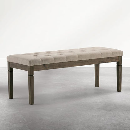 SIMPLIHOME Waverly Tufted Ottoman Bench - 48 inch Wide Upholstered Linen Look Fabric Rectangle Footstool Ottoman in Wheat Beige, Traditional Bench for Entryway or Living Room with Carved Legs
