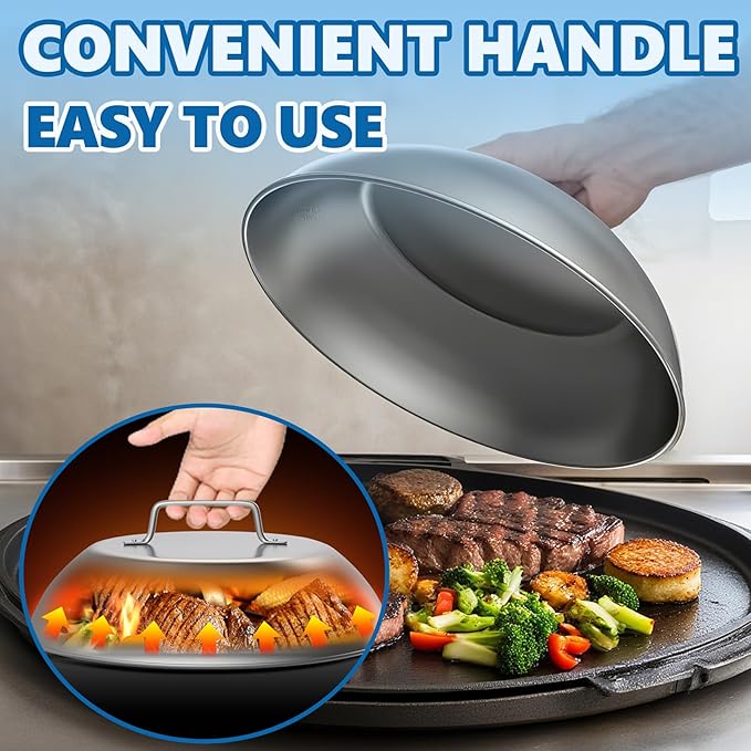 SafBbcue 2 Sets Flat top Grill Accessories 12" Cheese Melting Dome Basting Cover for Blackstone, Pitboss, Camp Chef Steamer Pizza Oven/Wok Cover, Food Metal Dome Cover for Grill Cooking Accessories