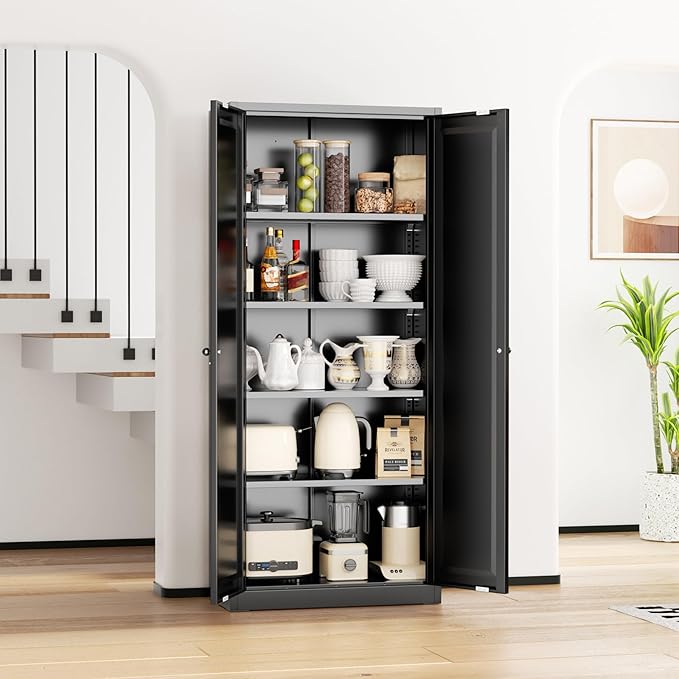 INTERGRAET Kitchen Pantry Cabinet, 63" Tall Metal Pantry Storage Cabinets with 2 Doors and 4 Shelves, Metal Storage Cabinet,Cupboard for Home,Kitchen,Living Room/Dining, Black