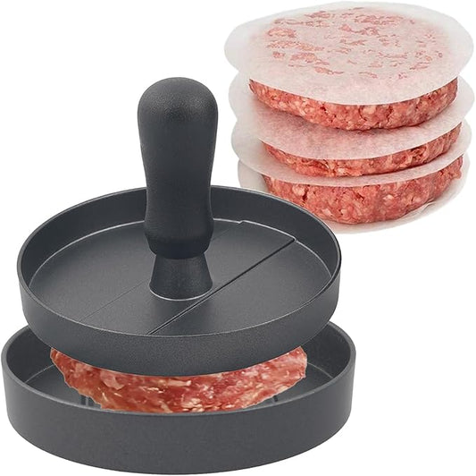 Aluminum Burger Press Patty Maker with 200 Non-Stick Papers - Commercial & Home Use, Hamburger Meat Press Tool, Dishwasher Safe (Black)