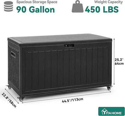 YITAHOME 90 Gallon Outdoor Storage Box with 6 Wheels, Large Double-Wall Resin Deck Box, Lockable Waterproof Outside Storage for Patio Furniture, Cushion, Pool Float, Garden Tool, Black