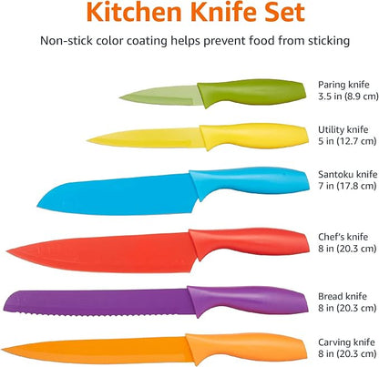 Amazon Basics Color-Coded Dishwasher Safe Kitchen Knife Set, 12-Piece with Ergonomic Handles, Non-stick Sharp Blades, 6 Knives with 6 Blade Guards, Multicolor, 13.88 x 4.13 x 1.38 inch