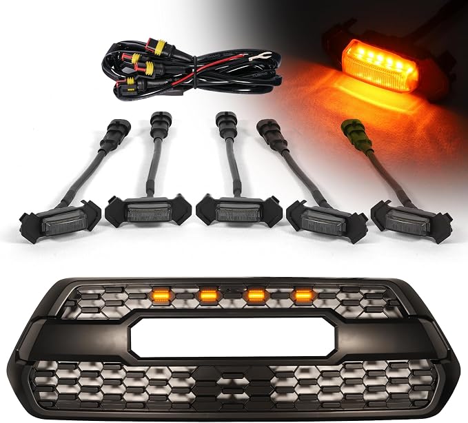 After Market TRD-Pro Grill Lights Emblem for 2015-2023 Toyota Tacoma | 5pcs led,Amber Led,Black Color +Grille Emblems tacoma