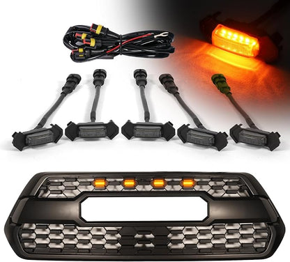 After Market TRD-Pro Grill Lights Emblem for 2015-2023 Toyota Tacoma | 5pcs led,Amber Led,Black Color +Grille Emblems tacoma