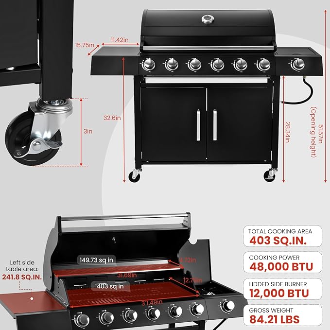 6-Burner w/Side Burner Gas Grill with 403 SQ.IN. Outdoor Grill with 60,000 BTU,Propane Grills with Top Cover Lid,Grills Outdoor Cooking for Patios,Camping,Balcony-Q032