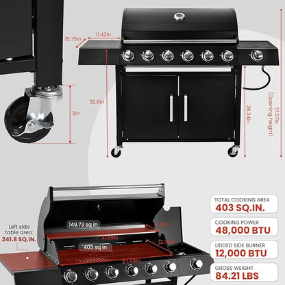 6-Burner w/Side Burner Gas Grill with 403 SQ.IN. Outdoor Grill with 60,000 BTU,Propane Grills with Top Cover Lid,Grills Outdoor Cooking for Patios,Camping,Balcony-Q032