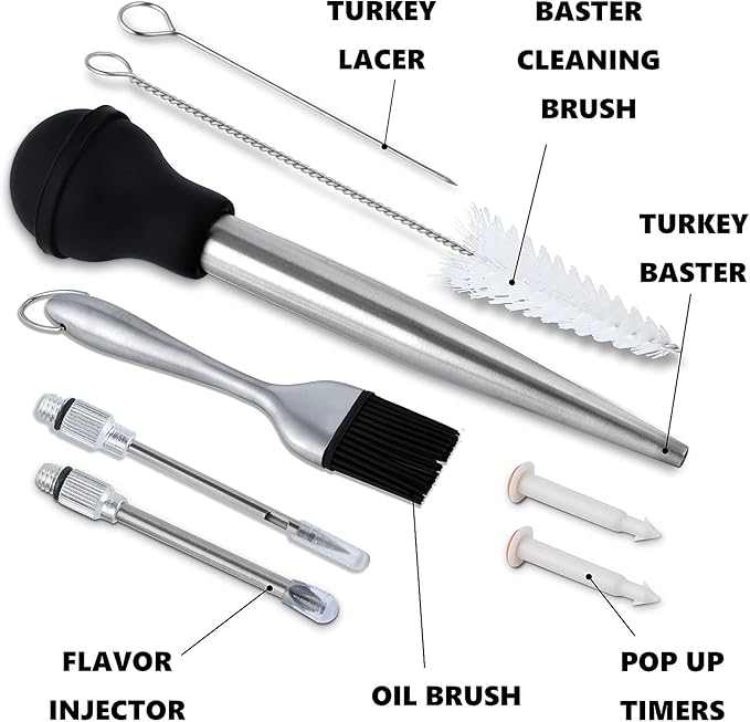 Turkey Baster Set w/Timer and Lacer – Stainless Steel Turkey Baster with Silicone Bulb, 2xPump Flavor Injectors, Silicone Brush, Pop-Up Timer, Turkey Lacer and Cleaning Brush, A Must For Thanksgiving