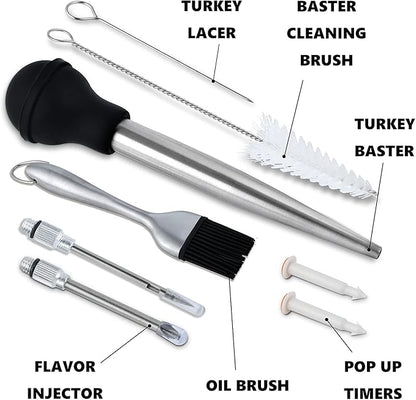 Turkey Baster Set w/Timer and Lacer – Stainless Steel Turkey Baster with Silicone Bulb, 2xPump Flavor Injectors, Silicone Brush, Pop-Up Timer, Turkey Lacer and Cleaning Brush, A Must For Thanksgiving
