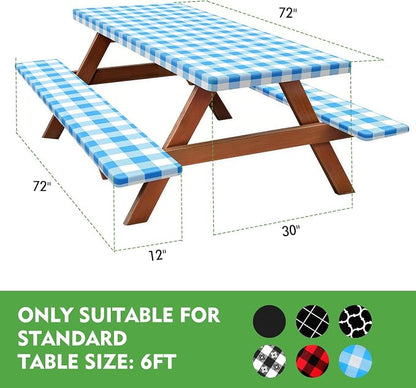 Picnic Table Cover with Bench Covers, Waterproof Tablecloth Set, Blue Grid | Fitted 6ft Tables, for Outdoor Camping, RV, Includes 1 Table Cover(30"x72"), 2 Bench Covers(72"x12"), Drawstring Storage Bag