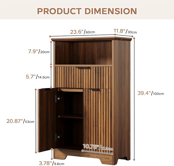 Fluted Buffet Cabinet with Storage, Modern Coffee Bar Cabinet | With Drawer & Adjustable Shelf, Wood Sideboard Cabinet for Kitchen, Bathroom, Entryway and Living Room Walnut