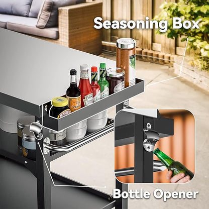 Skyflame Heavy Duty Pizza Oven Table & BBQ Prep Cart, Stainless Steel Rolling Grill Cart with Lockable Wheels, 3 Shelf Outdoor Workstation for Griddle/Patio – 170 lbs, No Wobble