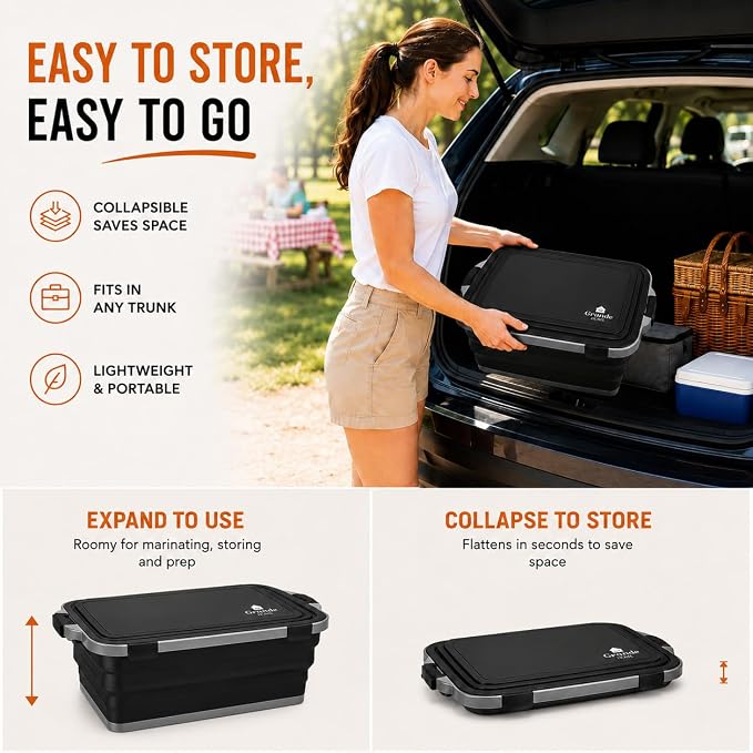 Collapsible BBQ Prep Tub with Lid and Cutting Board, XL Grilling Container | Perfect for Meal Prep, Marinade, Storage, Camping, Barbecue, Smoked, Party, Turkey, Beef, Chicken, Locking Lid, Large Size