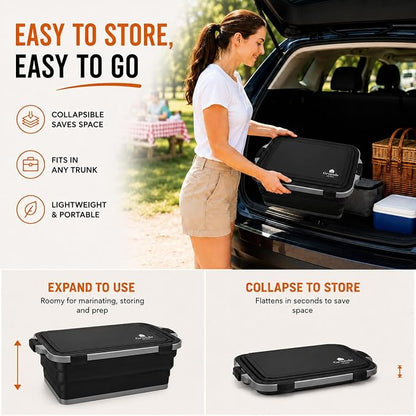 Collapsible BBQ Prep Tub with Lid and Cutting Board, XL Grilling Container | Perfect for Meal Prep, Marinade, Storage, Camping, Barbecue, Smoked, Party, Turkey, Beef, Chicken, Locking Lid, Large Size