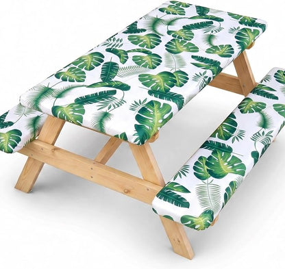 SquarePie Picnic Table Cover with Bench Covers - Waterproof Fitted Elastic Tablecloth for 6 FT Tables - Washable Polyester Camping Table Cloth for Outdoor Patio RV BBQ (Palm Leaf, 30"x72")