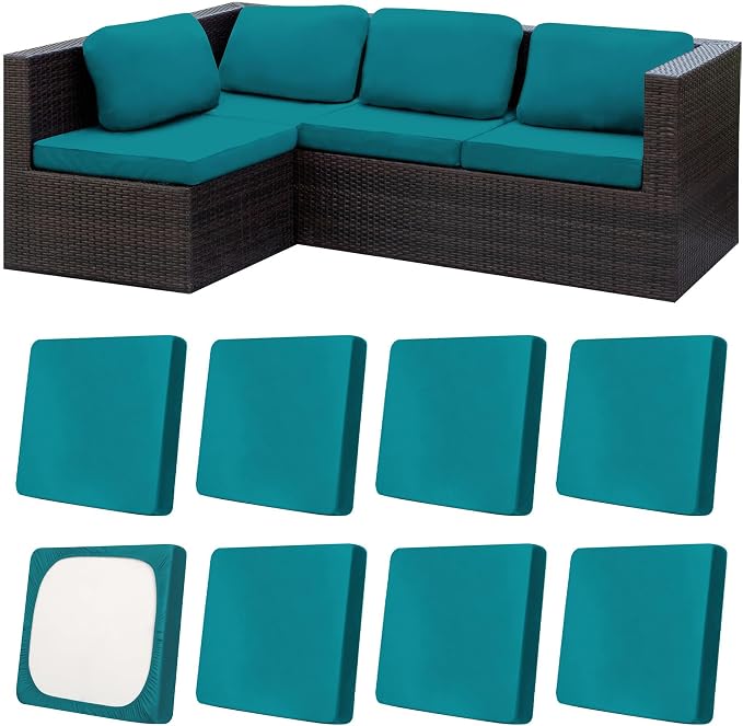 8Pcs Patio Cushion Covers, Outdoor Stretch Cushion Covers, Washable | Stretch Fit, Replacement, Washable and Reusable Furniture Protectors, Fits most patio furniture cushion covers, Cover Only