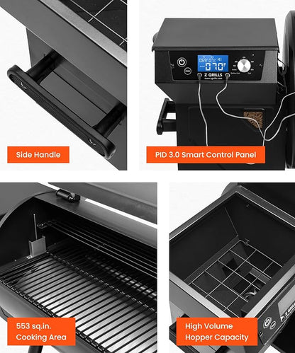 Z GRILLS ZPG-550B2 Wood Pellet Grill & Smoker with PID 3.0 Controller, 553 sq in Cooking Area, Meat Probe, Hopper Cleanout, 8 in 1 BBQ Grill Outdoor Auto Temperature Control, Black