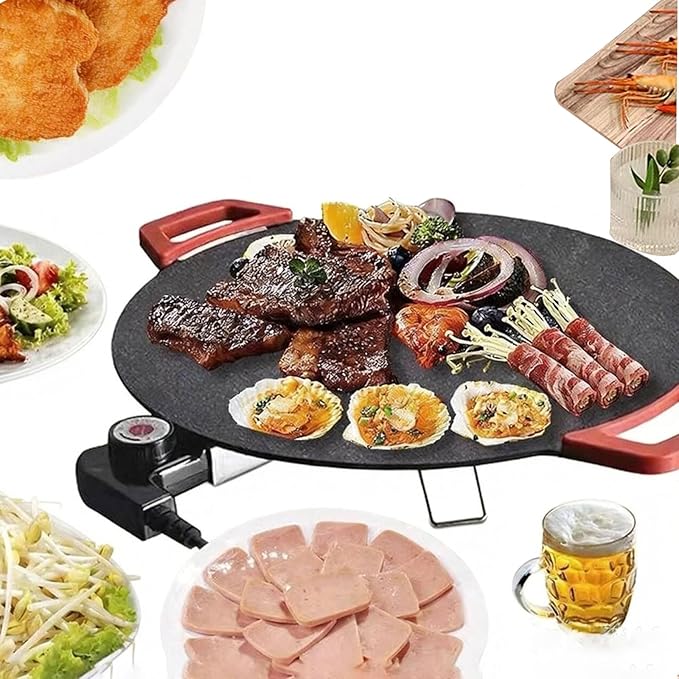 Electric Smokeless Grill, Non-Stick BBQ Griddle with Temperature Control, Round Cooking Surface with Red Handles, Indoor Barbecue Pan for Meat and Seafood (11)