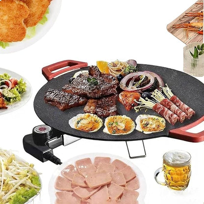 Electric Smokeless Grill, Non-Stick BBQ Griddle with Temperature Control, Round Cooking Surface with Red Handles, Indoor Barbecue Pan for Meat and Seafood (11)