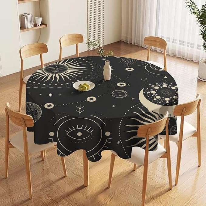 Sun Moon Round Tablecloth Boho Astrology Mystical Celestial Star Crescent Galaxy Space Table Cloth Water Resistant Wipeable Table Cover for Farmhouse Picnic Party Holiday Kitchen Dinner Table 70"