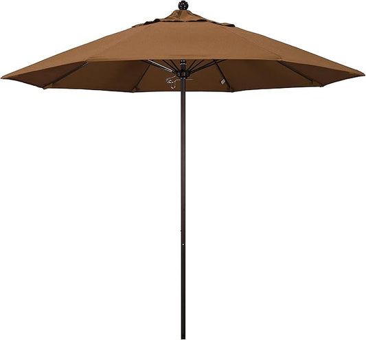 California Umbrella 9' Round Aluminum/Fiberglass Umbrella, Push Open, Bronze Pole, Sunbrella Teak Fabric