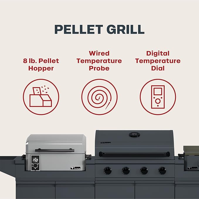 Tytus Anaheim 4-Burner Gas Grill with Two Prep Carts, Pellet Smoker, and Gas Griddle with Cover - Modular Outdoor Kitchen, Quick Assembly, Grill for Outdoor Cooking, Kitchen Island for BBQ