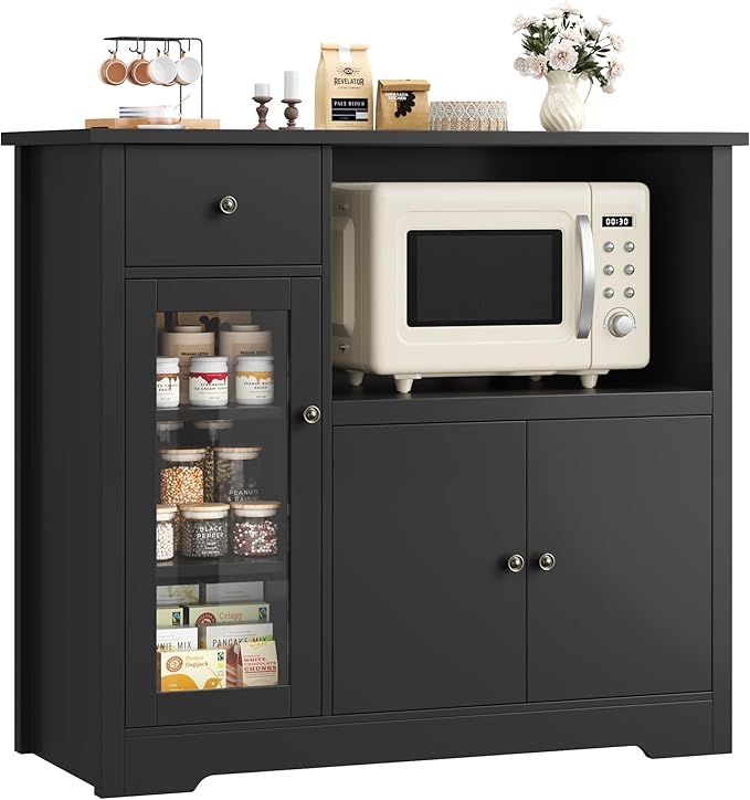 HORSTORS Microwave Cabinet, Kitchen Storage Cabinet with 3 Doors and 1 Drawer, Buffet Sideboard with Adjustable Shelves, Microwave Stand for Kitchen, Dining Room, Black