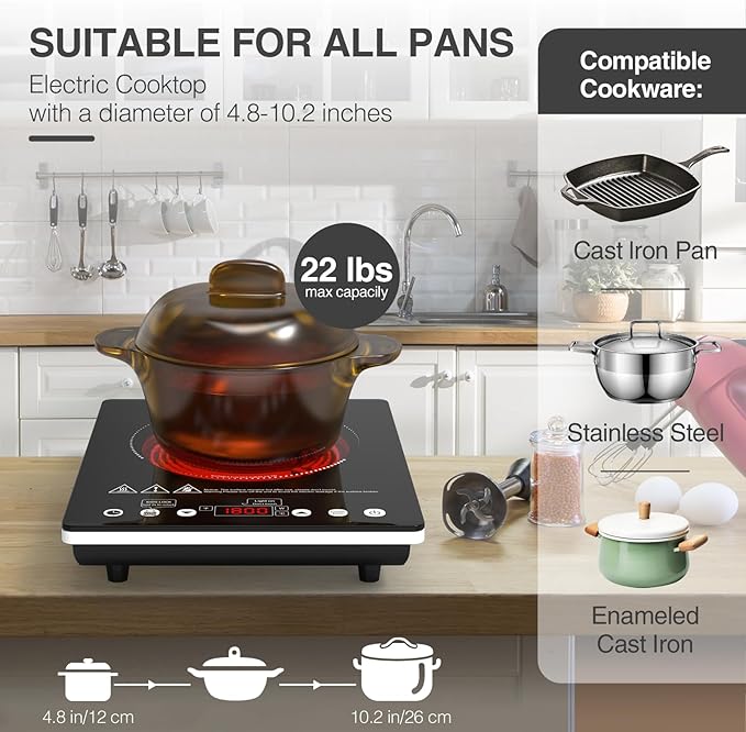 ANHANE 1800W Electric Cooktop, 110V Single Burner Stove with Overheat Protection and Adjustable Power Levels - Portable Ceramic Stove for Kitchen, Travel, RV