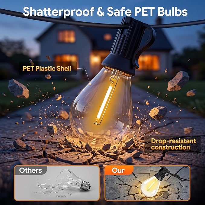 200FT 2‑Pack Dimmable Outdoor String Lights, with LED Vintage Edison Bulbs | Connectable Commercial Waterproof Shatterproof Patio Lights, Plug in 2700K Hanging Lighting for Backyard Balcony Garden Decor