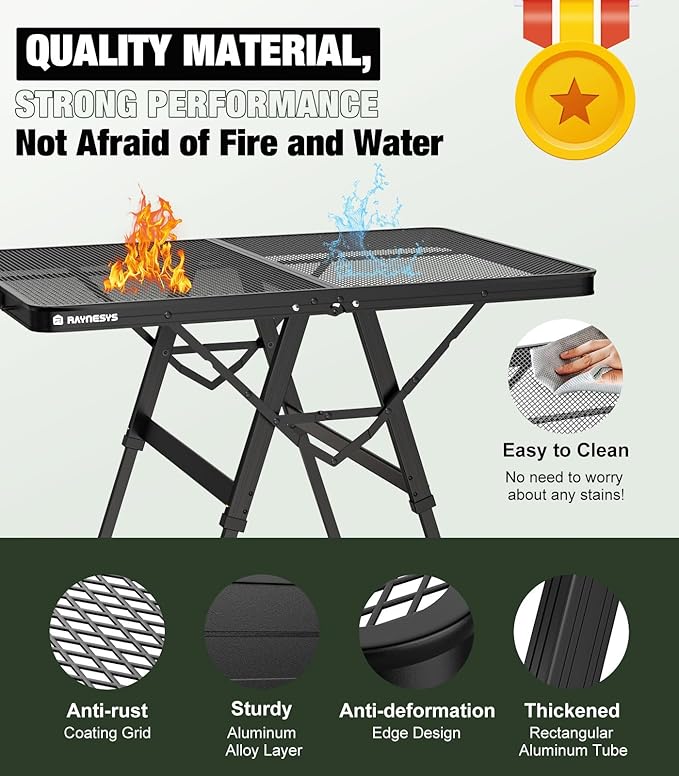 Raynesys Portable Folding Grill Table for Ourdoor, Camping, Picnic, BBQ | Foldable Grill Table with Mesh Desktop, 200lbs 3Ft Height Adjustable Metal Table, 35.4" L x 23.6" W
