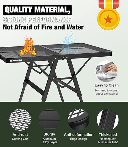 Raynesys Portable Folding Grill Table for Ourdoor, Camping, Picnic, BBQ | Foldable Grill Table with Mesh Desktop, 200lbs 3Ft Height Adjustable Metal Table, 35.4" L x 23.6" W