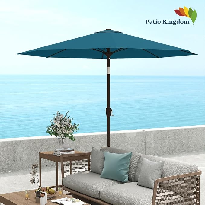 9FT Patio Umbrella Outdoor Table Umbrella w/Push Button Tilt and Crank, 8 Sturdy Ribs, UV Resistant Waterproof Market Umbrella for Pool, Deck, Backyard, Garden, Lake Blue