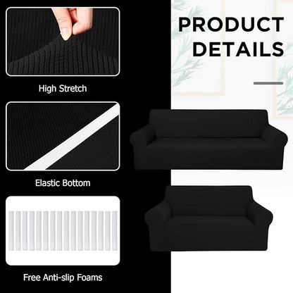 Peryiter 2 Pcs Couch and Loveseat Sofa Covers,Black,Fleece | Armchair Covers for Living Room, Sofa Cushion Slipcover 2/3 Seater, Furniture Protector, Polyester and Spandex, Washable