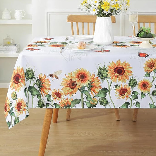 SASTYBALE Sunflower Tablecloth, White, 52x70 Inch Rectangle | Reusable, Spill Proof Wrinkle Resistant Dustproof Table Cloth for Garden Party, BBQ, Picnic Indoor Outdoor Dining