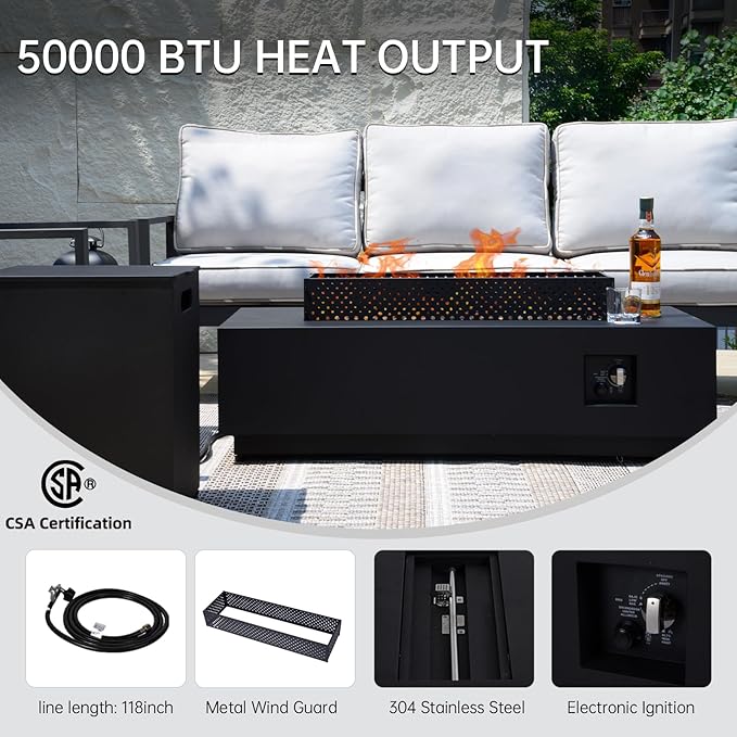 42-inch Propane Fire Pit, 50000 BTU Fire Pit Table with Wind Guard and Propane Tank Cover Table, Includes Rain Cover, Lava Rocks, and 2 Baking Pan, CSA Certified for Garden, Pool, Backyard