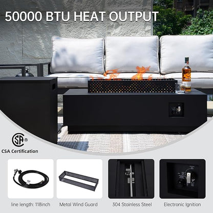42-inch Propane Fire Pit, 50000 BTU Fire Pit Table with Wind Guard and Propane Tank Cover Table, Includes Rain Cover, Lava Rocks, and 2 Baking Pan, CSA Certified for Garden, Pool, Backyard