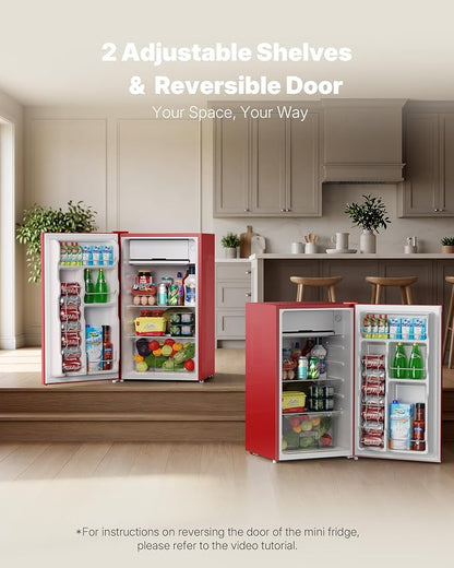 Upstreman 3.2 Cu.Ft Mini Fridge with Freezer, Red-BR321 | Adjustable Thermostat, Energy Saving, Low Noise, Reversible Door, Small Refrigerator for Dorm, Bedroom, Office