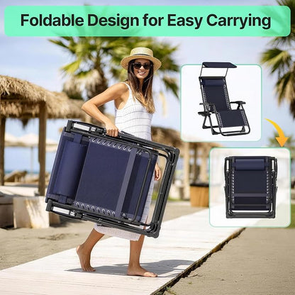Suteck Zero Gravity Chair with Canopy, Reclining Camping Lounge Chairs | w/Removable Cushion, Upgraded Lock and Cup Holder, Folding Patio Recliner for Indoor and Outdoor，90°-170° Adjust