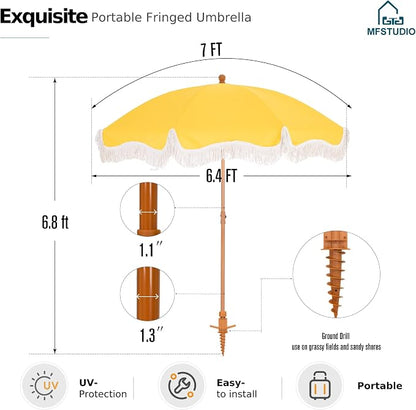 7ft Patio Beach Umbrella with Fringe, Outdoor Umbrella for Poolside, Yellow | MFSTUDIO Tassel Umbrellas UPF50+ with Sand Anchor & Tilt Button, Holiday Outdoor Umbrella with Carry Bag, Ideal for Garden