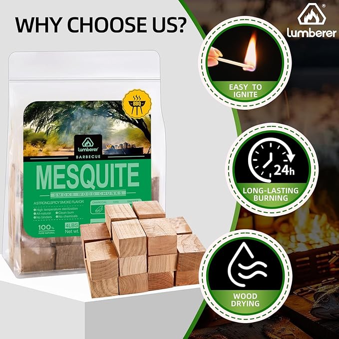 Lumberer Mesquite Wood Smoking Chunks – Strong Southwestern Flavor for Red Meat – 100% Natural, Long Burn – 4LBS, Clean & Additive-Free